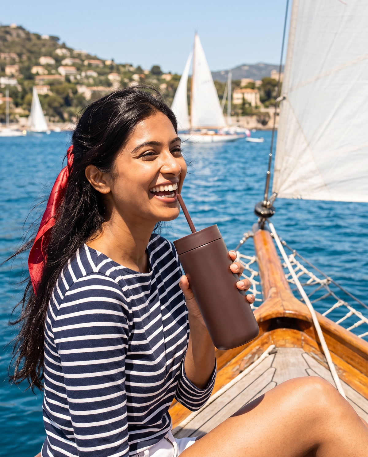 Matte straw tumbler on a sailboat